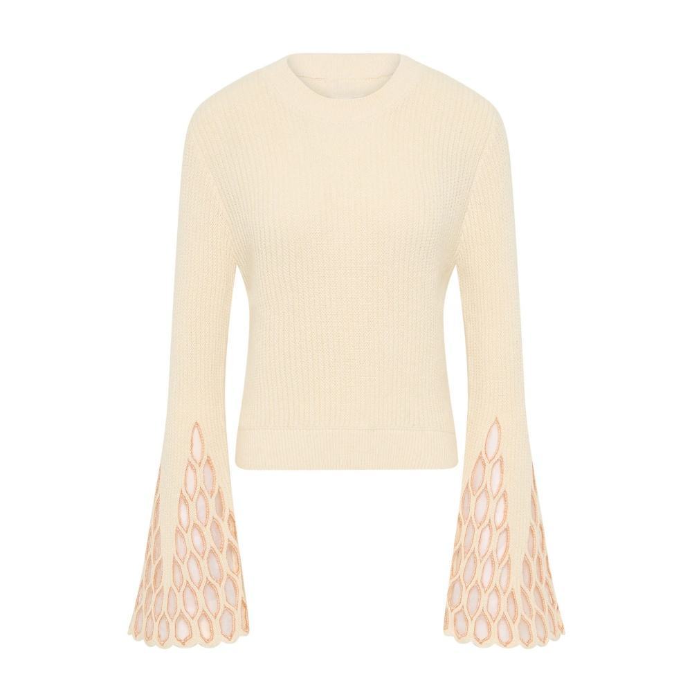 Personalized Women’s Cream Bell Sleeve Knit Sweater with Lace Cut-Out Detailing
