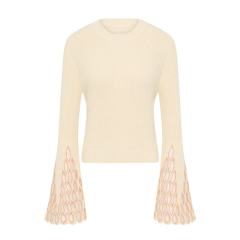 Personalized Women’s Cream Bell Sleeve Knit Sweater with Lace Cut-Out Detailing