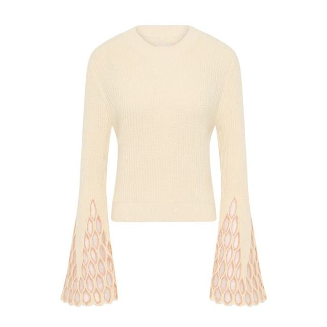 Personalized Women’s Cream Bell Sleeve Knit Sweater with Lace Cut-Out Detailing