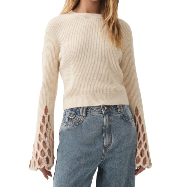 Personalized Women’s Cream Bell Sleeve Knit Sweater with Lace Cut-Out Detailing