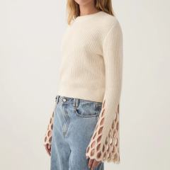 Personalized Women’s Cream Bell Sleeve Knit Sweater with Lace Cut-Out Detailing