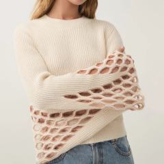 Personalized Women’s Cream Bell Sleeve Knit Sweater with Lace Cut-Out Detailing