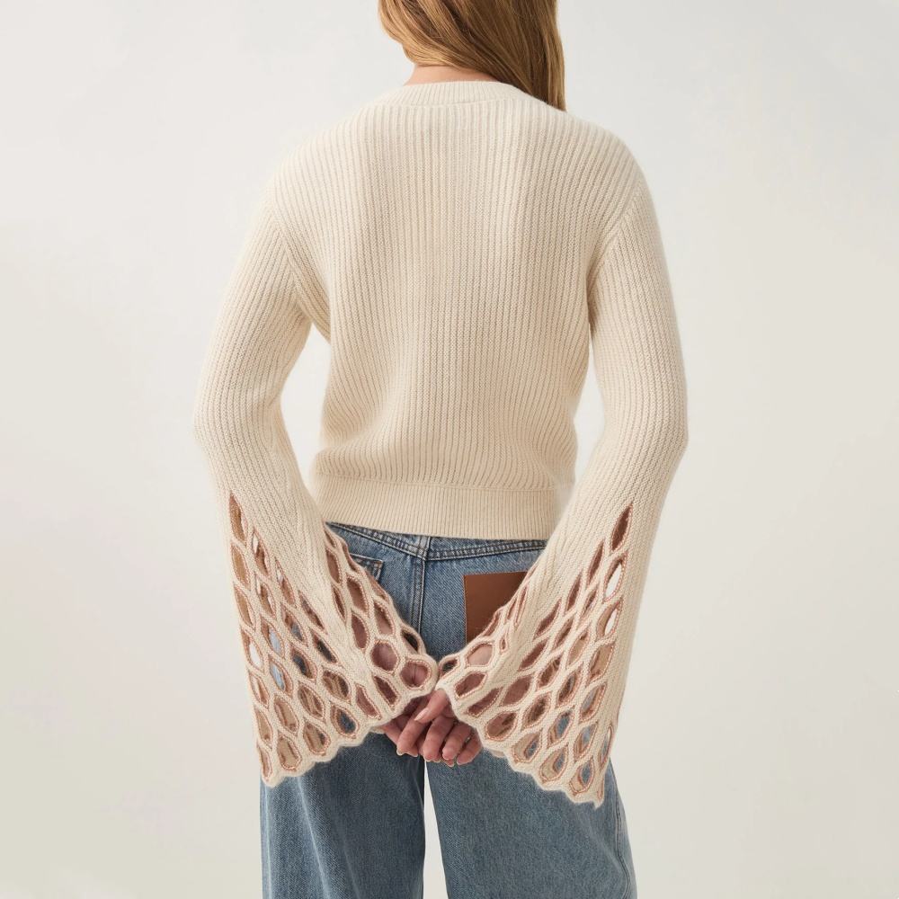 Personalized Women’s Cream Bell Sleeve Knit Sweater with Lace Cut-Out Detailing