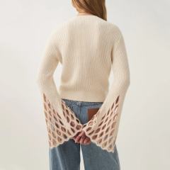 Personalized Women’s Cream Bell Sleeve Knit Sweater with Lace Cut-Out Detailing