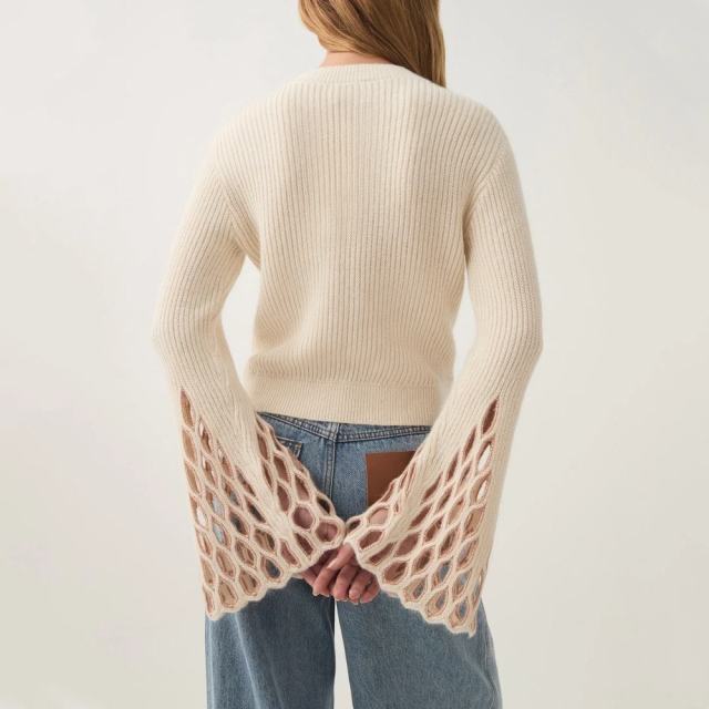 Personalized Women’s Cream Bell Sleeve Knit Sweater with Lace Cut-Out Detailing