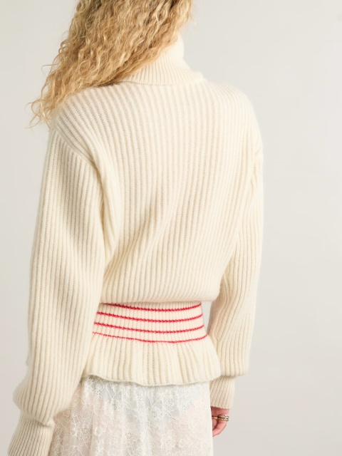 OEM ODM Classic Ribbed Turtleneck Sweater with Red Stripe Detail