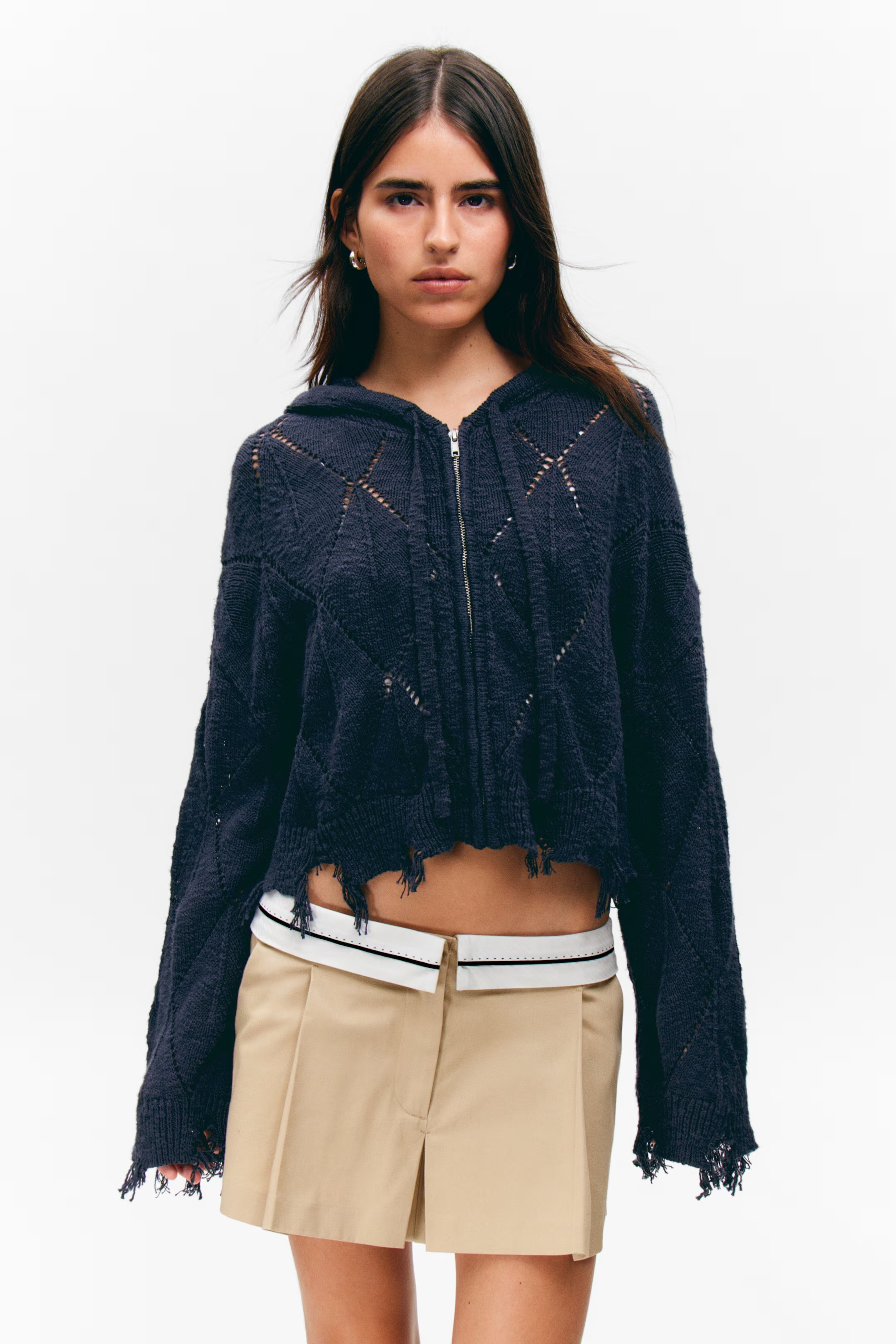 Wholesale Cropped Zip-Up Hooded Sweater with Frayed Hem
