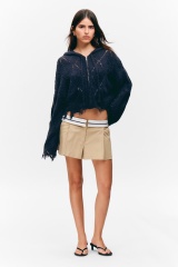 Wholesale Cropped Zip-Up Hooded Sweater with Frayed Hem