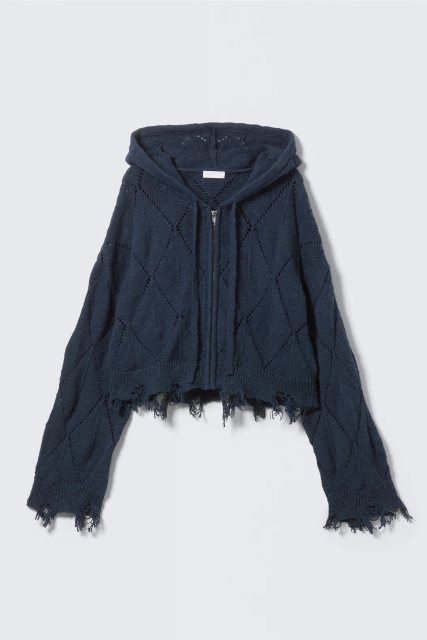 Wholesale Cropped Zip-Up Hooded Sweater with Frayed Hem