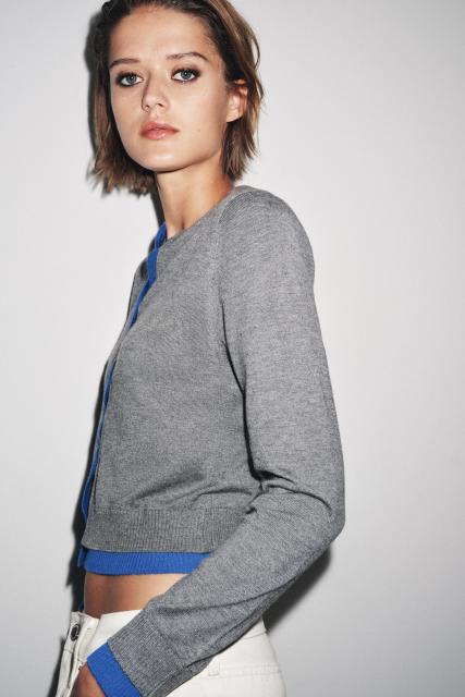 Wholesale Women’s Grey & Blue Trim Knit Cardigan