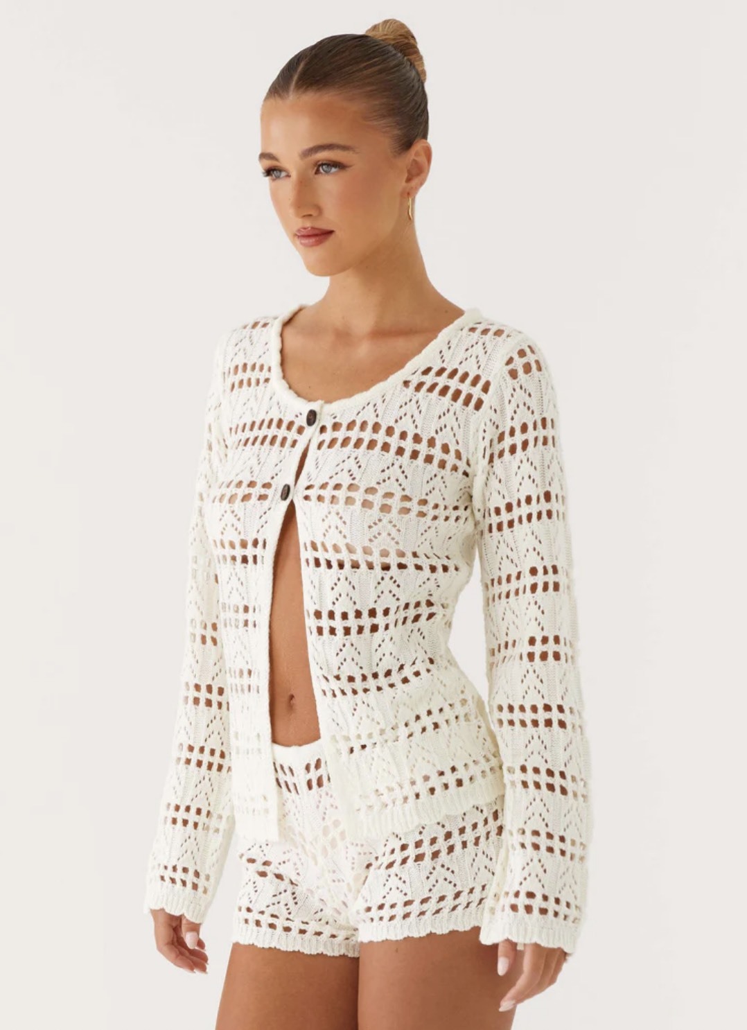 Customized Women’s White  Knit Cardigan & Shorts Set