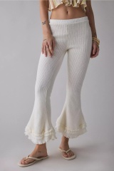 Customized Women’s Ribbed Knit Flare Pants with Ruffle Hem – White