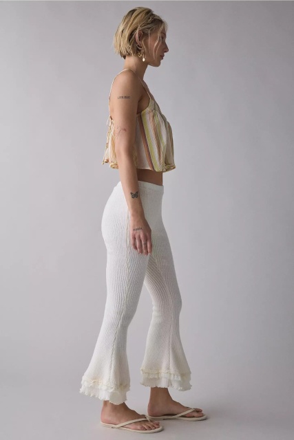Customized Women’s Ribbed Knit Flare Pants with Ruffle Hem – White