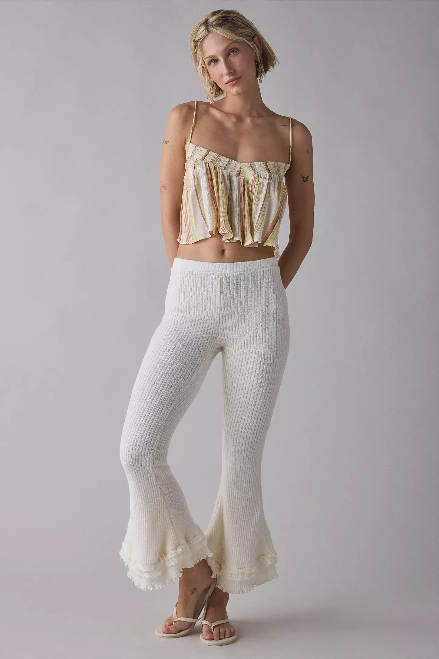 Customized Women’s Ribbed Knit Flare Pants with Ruffle Hem – White