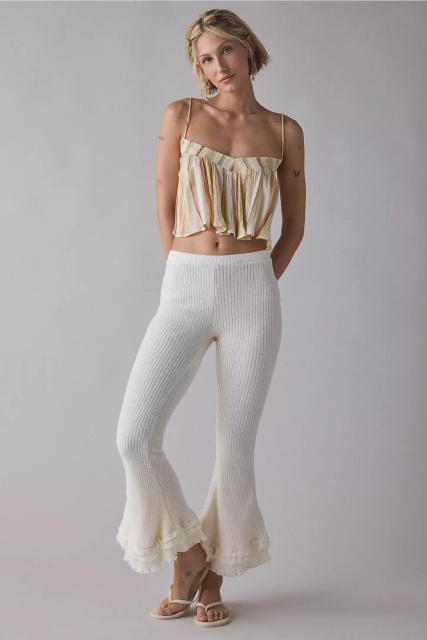 Customized Women’s Ribbed Knit Flare Pants with Ruffle Hem – White