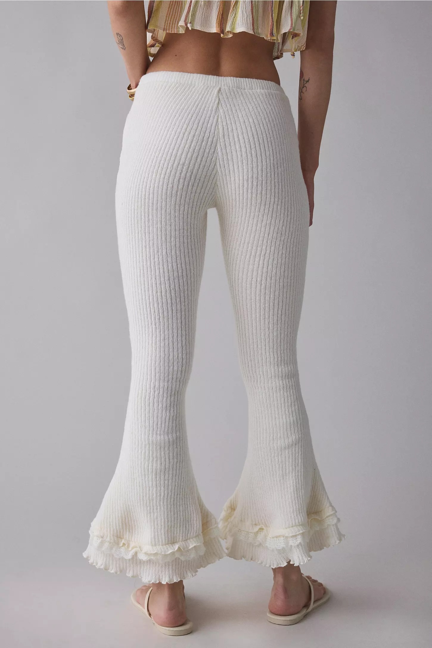 Customized Women’s Ribbed Knit Flare Pants with Ruffle Hem – White