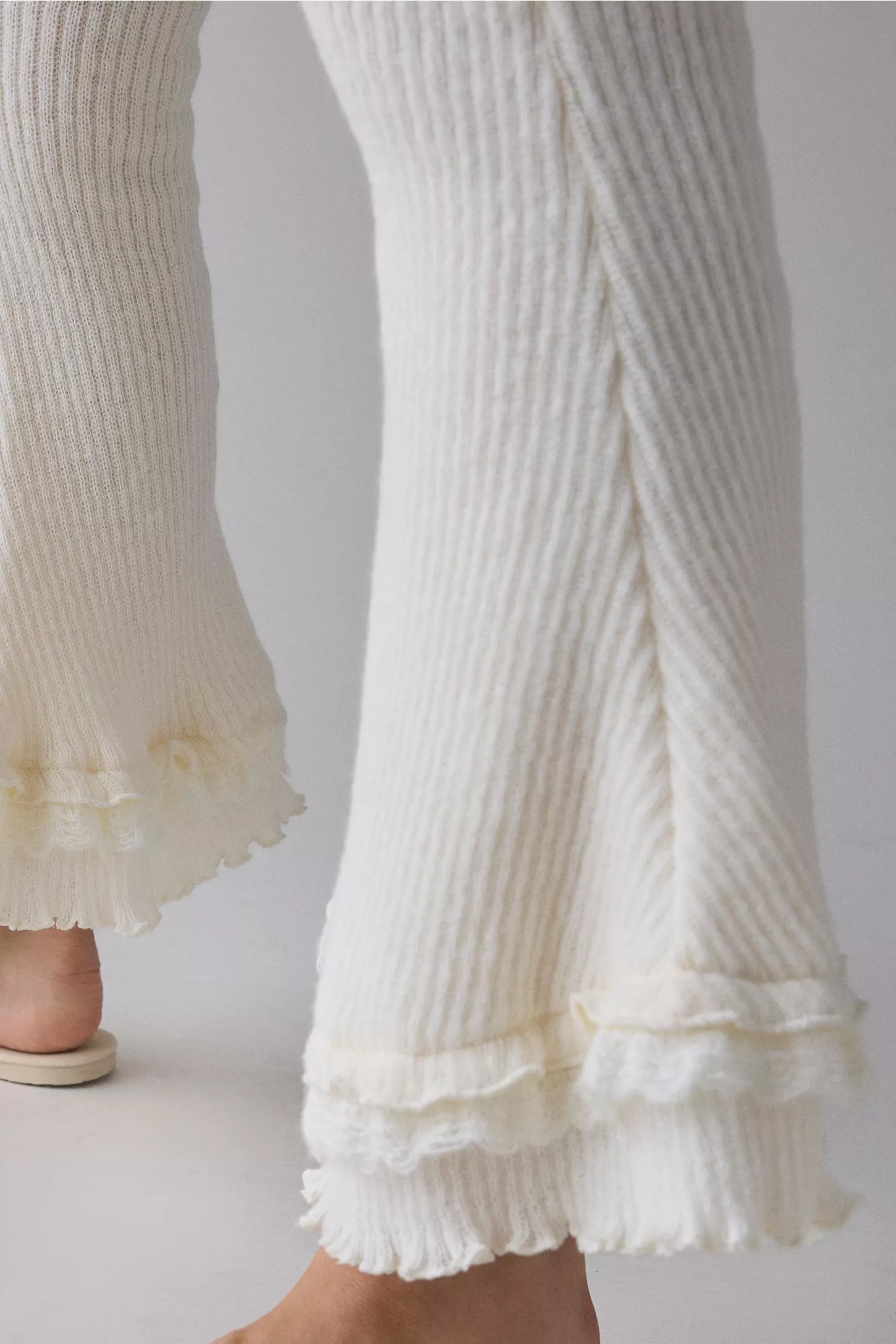 Customized Women’s Ribbed Knit Flare Pants with Ruffle Hem – White