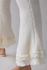 Customized Women’s Ribbed Knit Flare Pants with Ruffle Hem – White