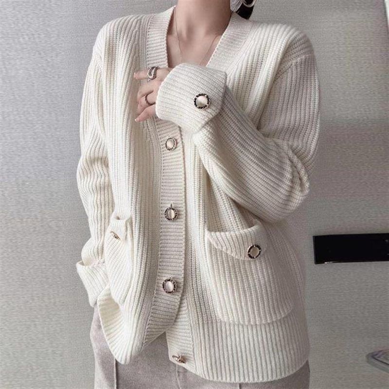 Factory Direct Ribbed Knit V-Neck Cardigan with Pockets