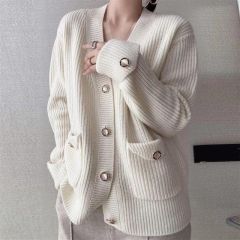 Factory Direct Ribbed Knit V-Neck Cardigan with Pockets