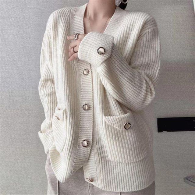 Factory Direct Ribbed Knit V-Neck Cardigan with Pockets