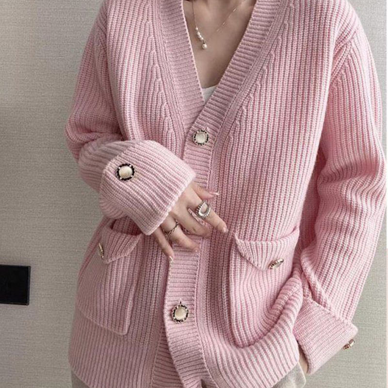 Factory Direct Ribbed Knit V-Neck Cardigan with Pockets