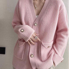 Factory Direct Ribbed Knit V-Neck Cardigan with Pockets
