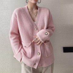 Factory Direct Ribbed Knit V-Neck Cardigan with Pockets