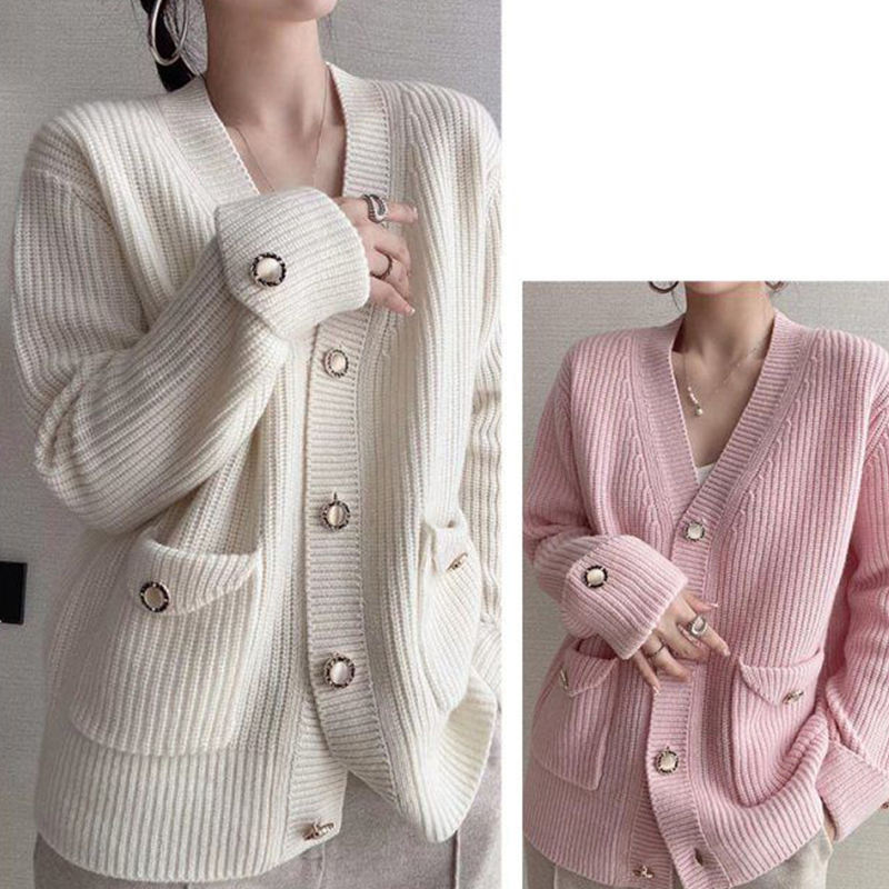 Factory Direct Ribbed Knit V-Neck Cardigan with Pockets