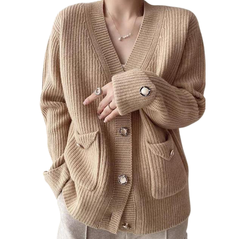 Factory Direct Ribbed Knit V-Neck Cardigan with Pockets