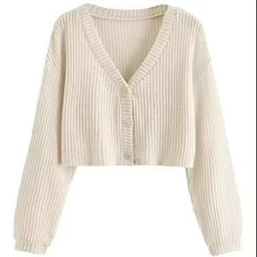 Factory Direct Cropped Ribbed Knit V-Neck Cardigan
