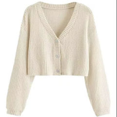 Factory Direct Cropped Ribbed Knit V-Neck Cardigan