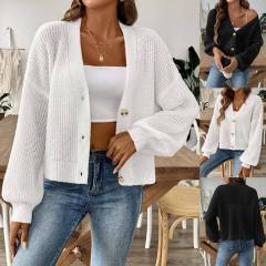 Factory Direct Cropped Ribbed Knit V-Neck Cardigan
