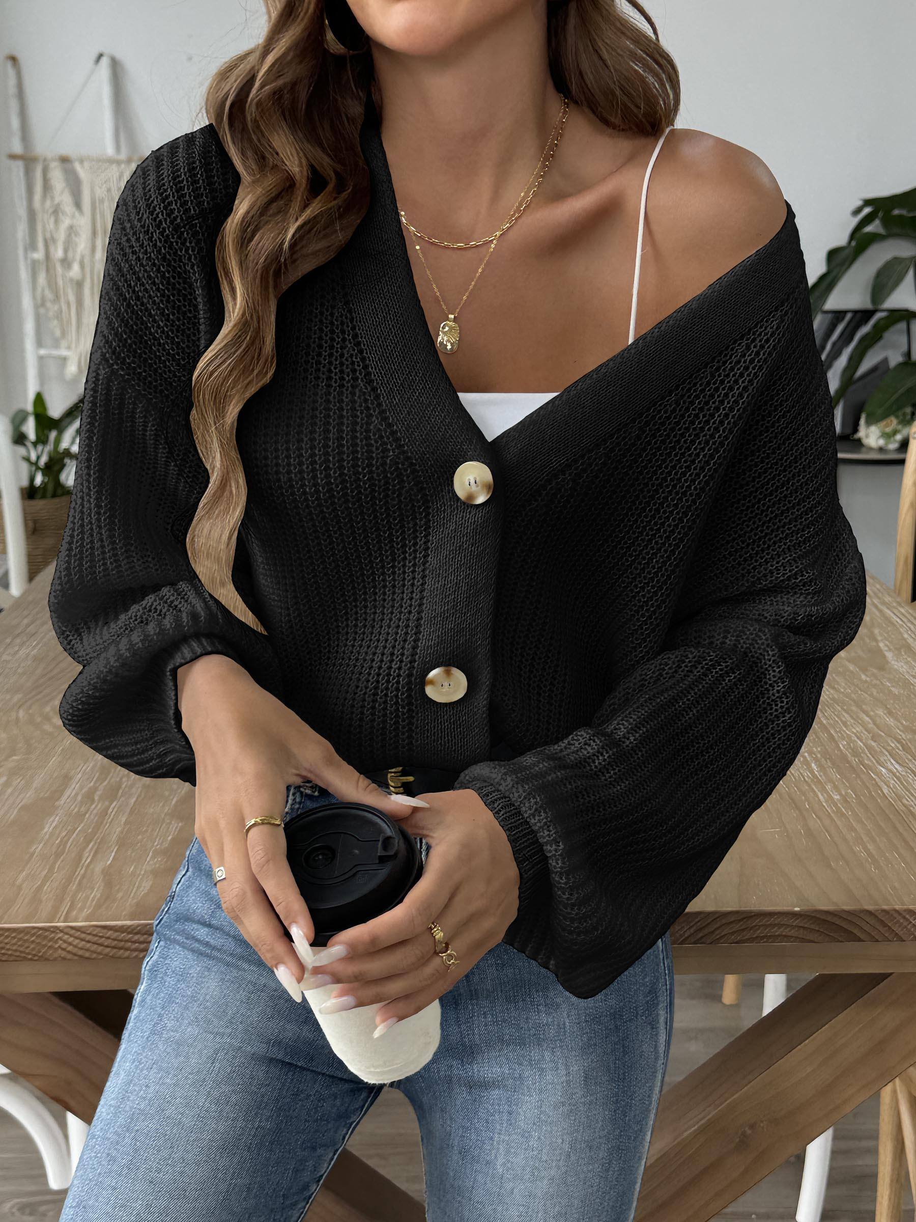 Factory Direct Cropped Ribbed Knit V-Neck Cardigan