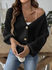 Factory Direct Cropped Ribbed Knit V-Neck Cardigan