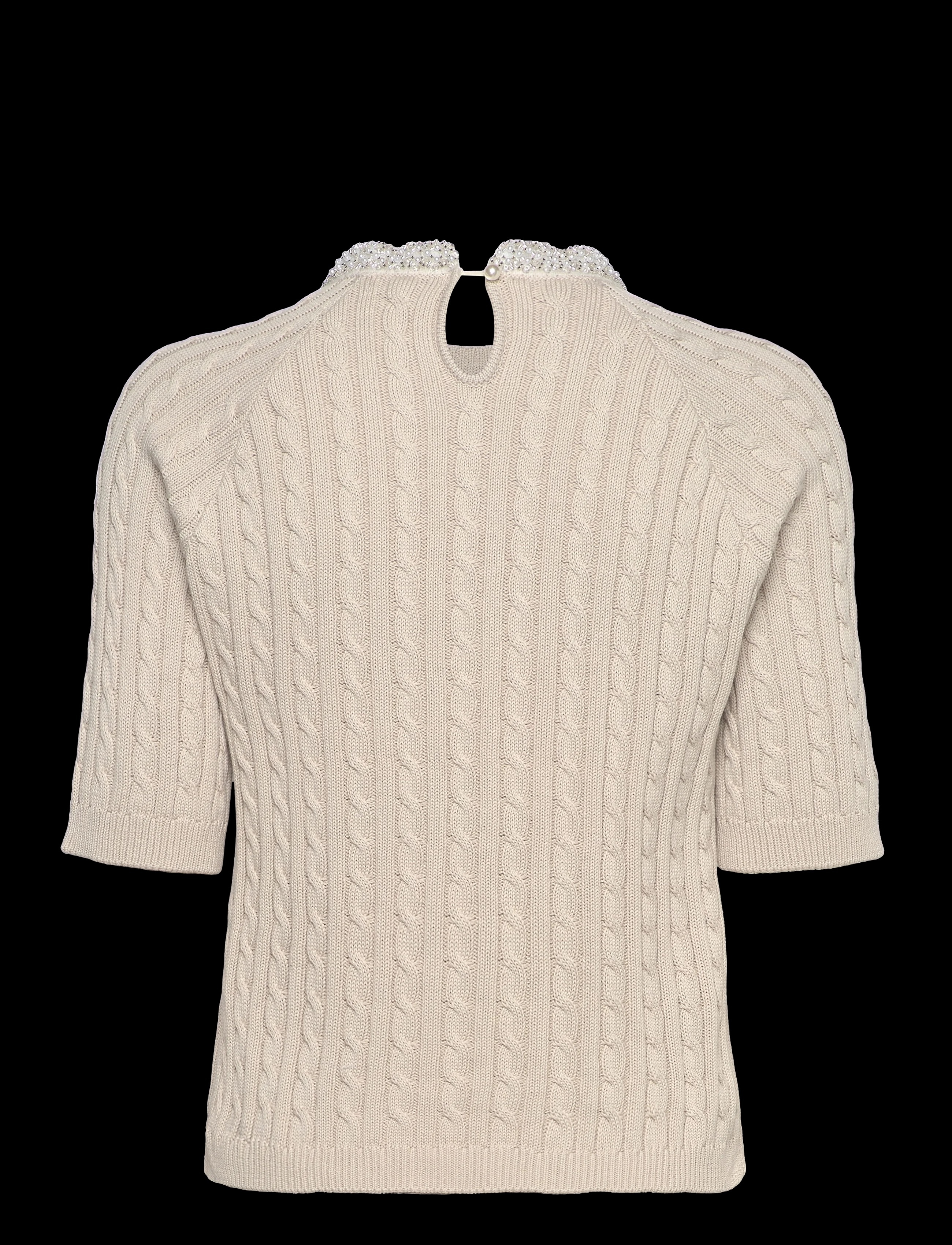 Customized Women’s Cable Knit Short-Sleeve Sweater with Sequin Embellished Collar – Beige