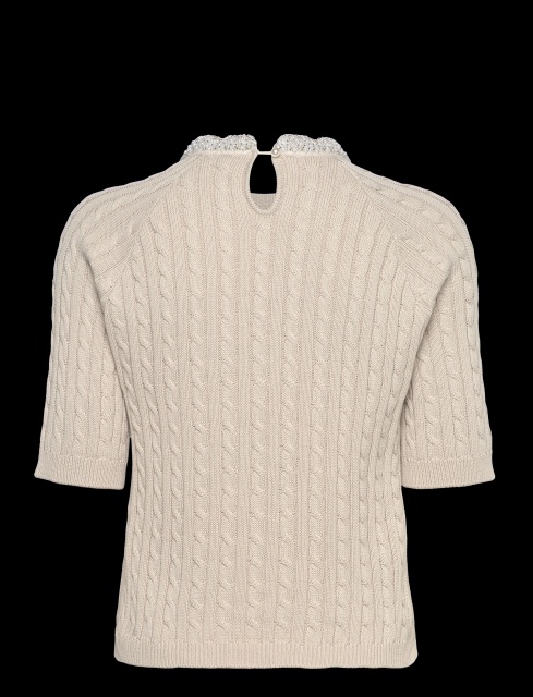 Customized Women’s Cable Knit Short-Sleeve Sweater with Sequin Embellished Collar – Beige