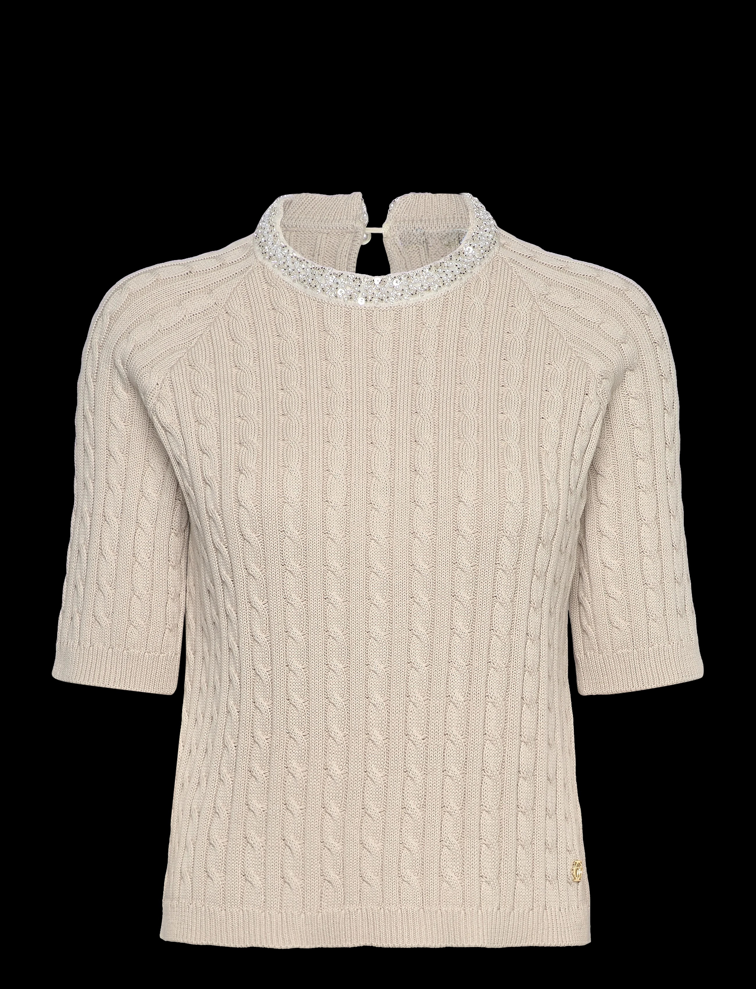 Customized Women’s Cable Knit Short-Sleeve Sweater with Sequin Embellished Collar – Beige
