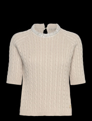 Customized Women’s Cable Knit Short-Sleeve Sweater with Sequin Embellished Collar – Beige