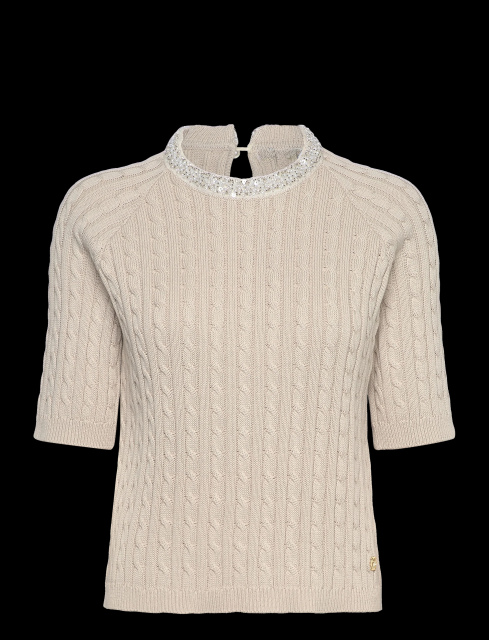 Customized Women’s Cable Knit Short-Sleeve Sweater with Sequin Embellished Collar – Beige