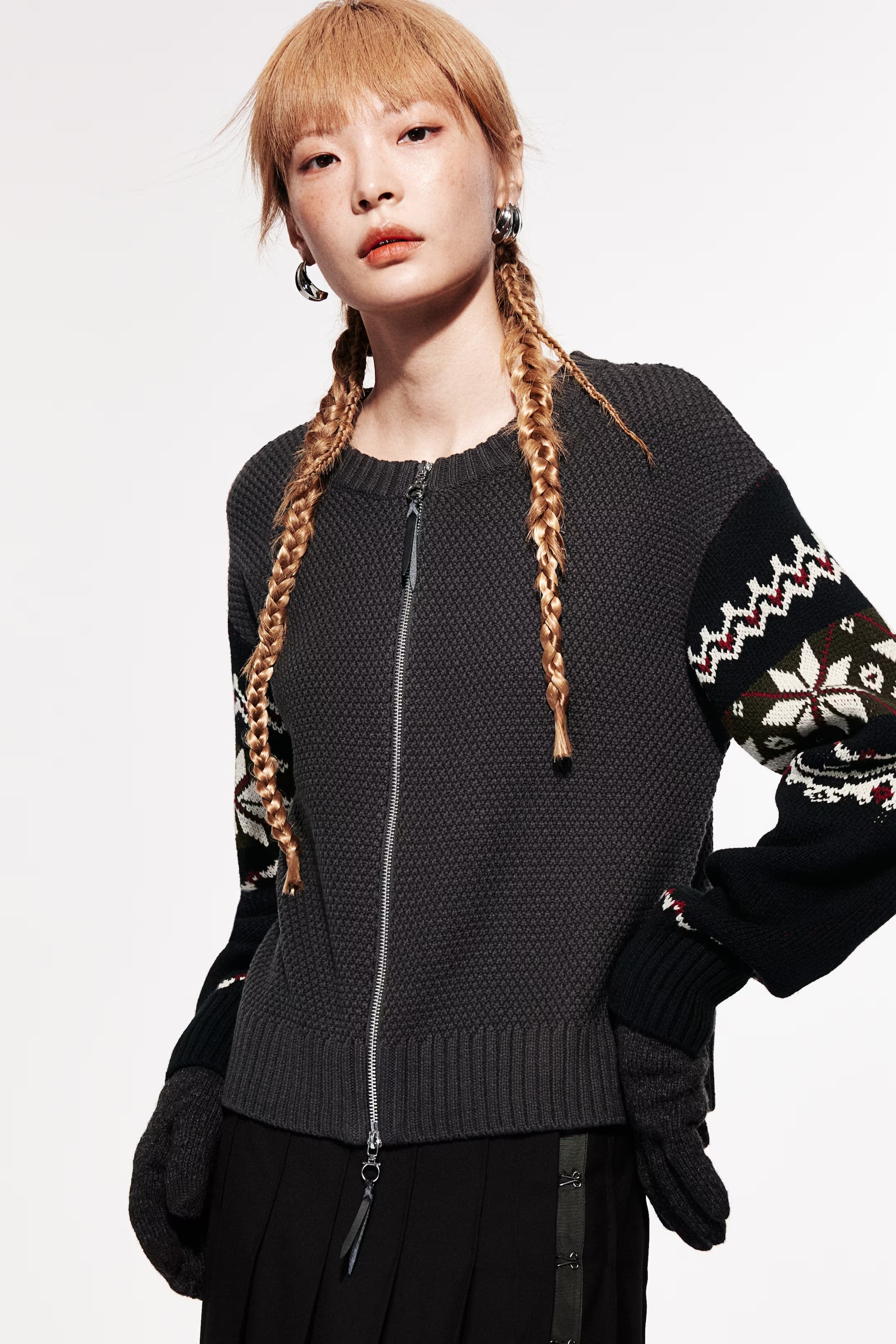 OEM ODM Women’s Nordic Pattern Zip-Up Knit Cardigan – Dark Charcoal