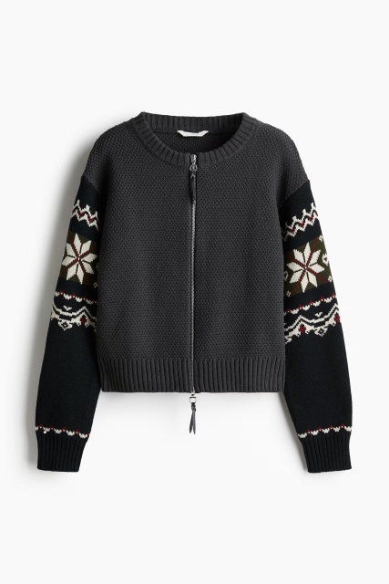 OEM ODM Women’s Nordic Pattern Zip-Up Knit Cardigan – Dark Charcoal