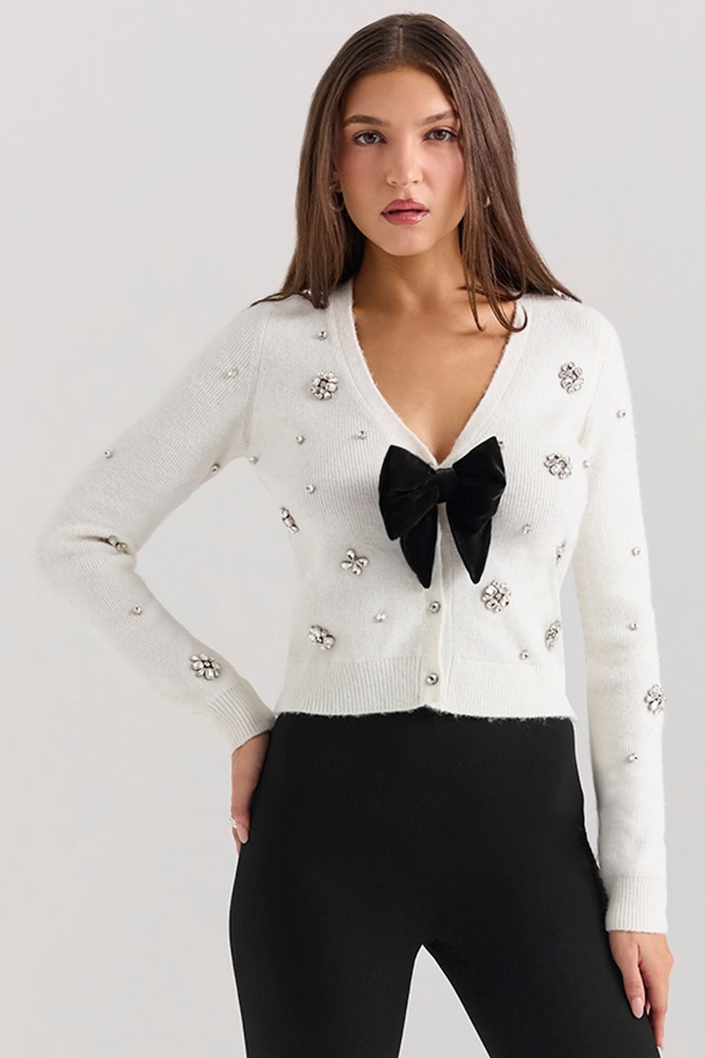 Wholesale Women’s Pearl & Crystal Embellished Cardigan with Bow – Elegant White Knit