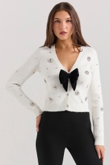 Wholesale Women’s Pearl & Crystal Embellished Cardigan with Bow – Elegant White Knit