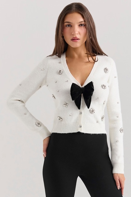 Wholesale Women’s Pearl & Crystal Embellished Cardigan with Bow – Elegant White Knit