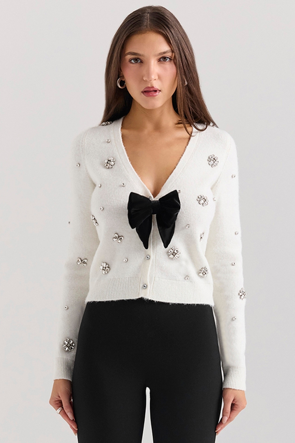 Wholesale Women’s Pearl & Crystal Embellished Cardigan with Bow – Elegant White Knit
