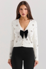 Wholesale Women’s Pearl & Crystal Embellished Cardigan with Bow – Elegant White Knit