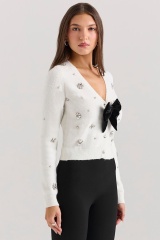 Wholesale Women’s Pearl & Crystal Embellished Cardigan with Bow – Elegant White Knit