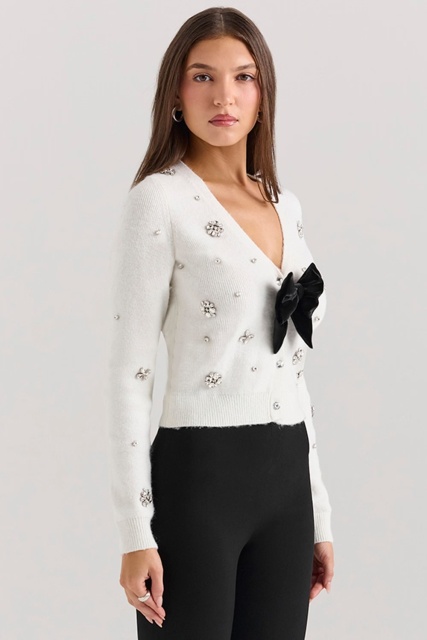 Wholesale Women’s Pearl & Crystal Embellished Cardigan with Bow – Elegant White Knit