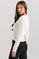 Wholesale Women’s Pearl & Crystal Embellished Cardigan with Bow – Elegant White Knit